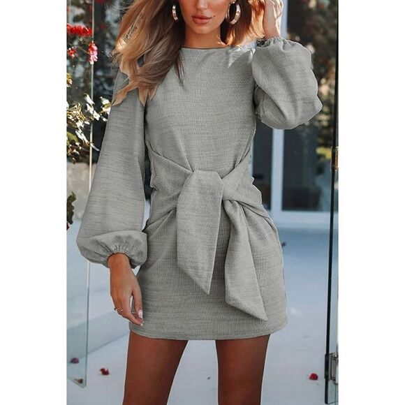 NWT Womens R Vivimos Chic Bubble Sleeve Ribbed Tie Wrap Slate Gray Dress - Sz L - Picture 3 of 5